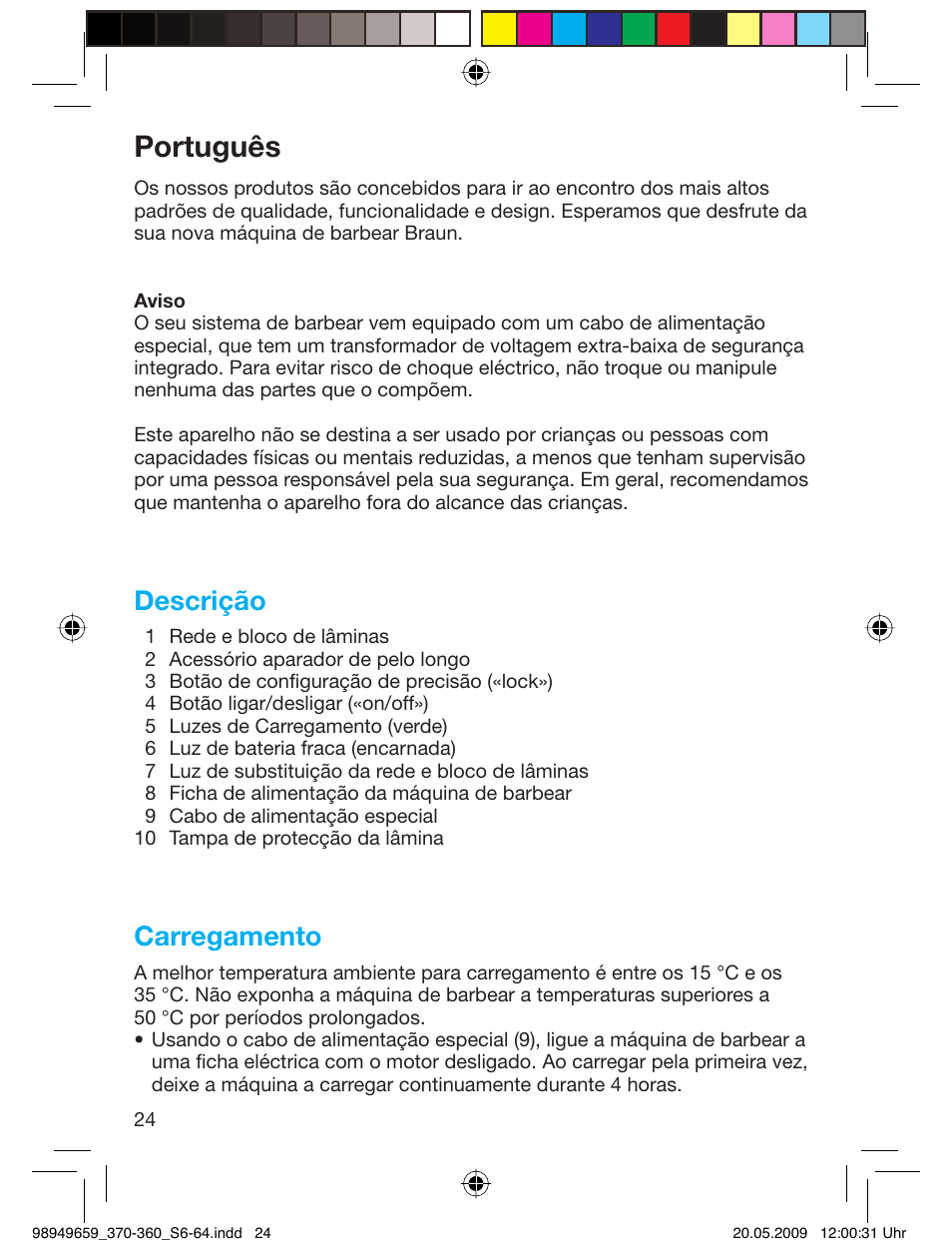 Português, Descrição, Carregamento | Braun 370 User Manual | Page 23 / 61