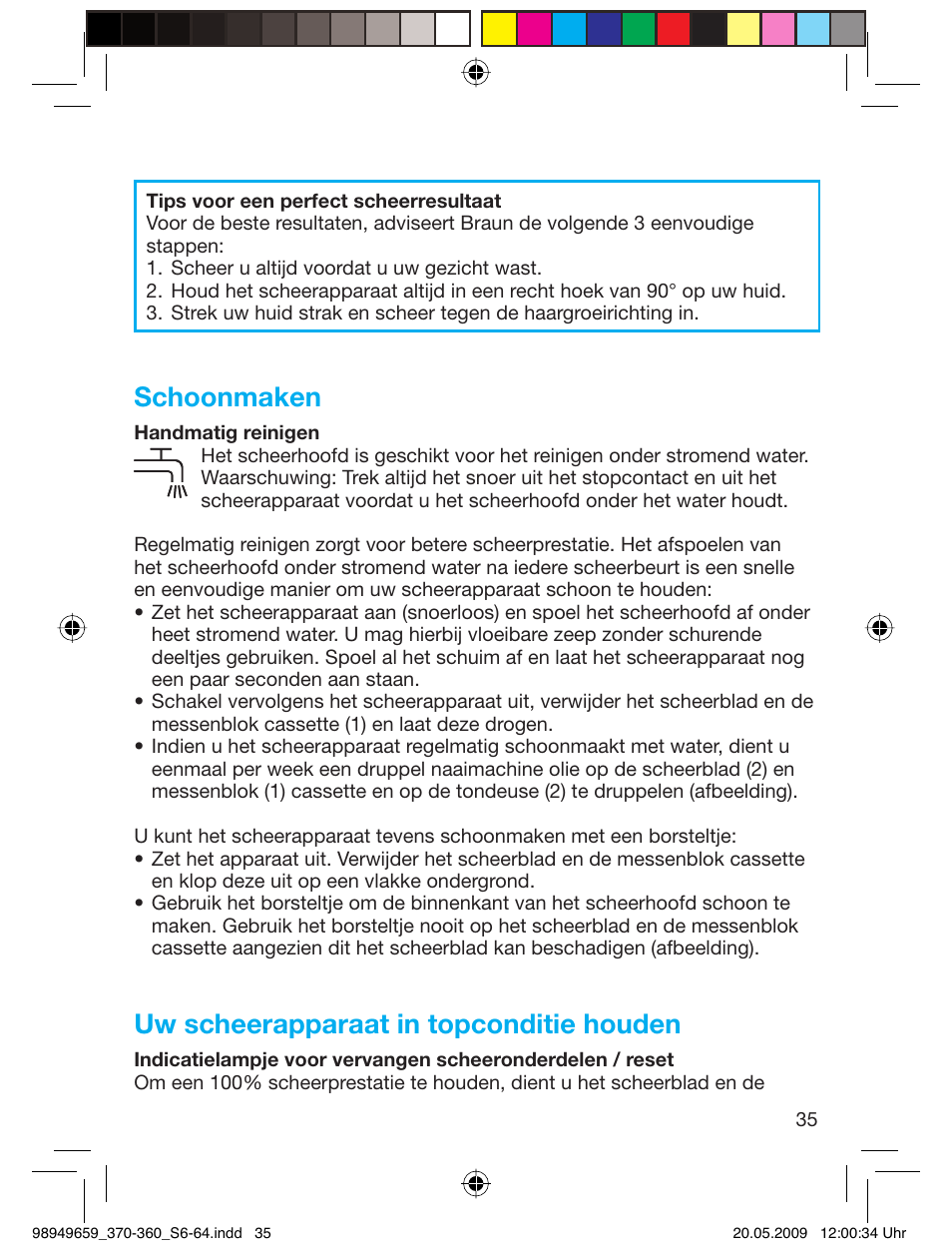 Schoonmaken, Uw scheerapparaat in topconditie houden | Braun 370 User Manual | Page 34 / 61