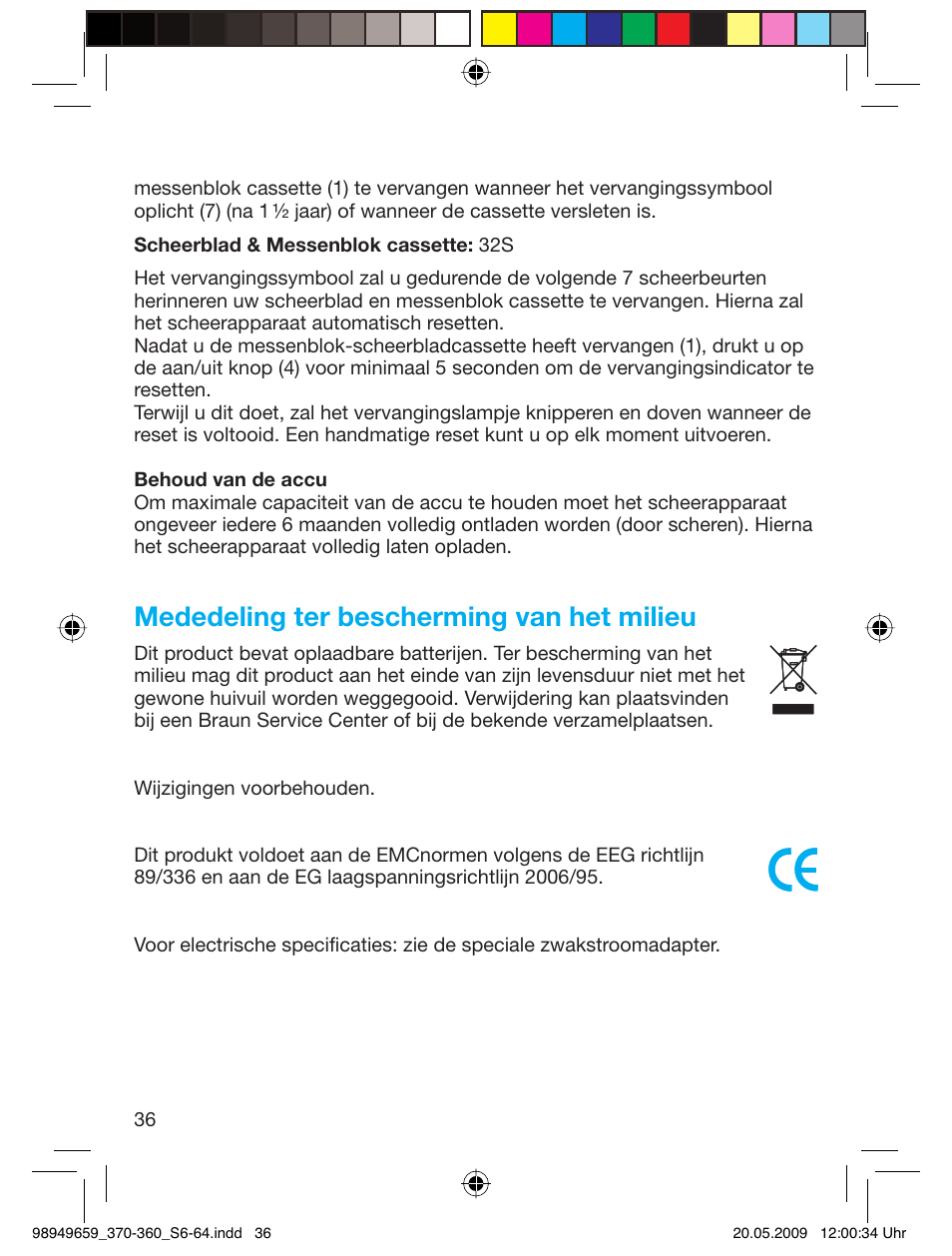 Mededeling ter bescherming van het milieu | Braun 370 User Manual | Page 35 / 61