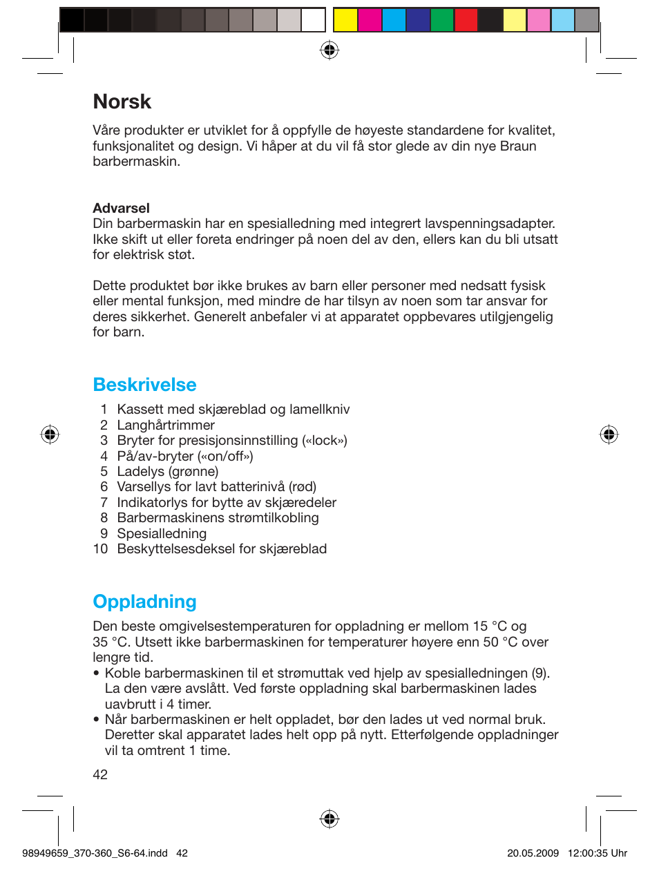 Norsk, Beskrivelse, Oppladning | Braun 370 User Manual | Page 41 / 61