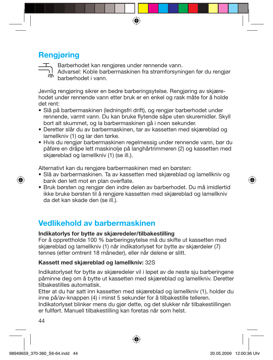 Rengjøring, Vedlikehold av barbermaskinen | Braun 370 User Manual | Page 43 / 61