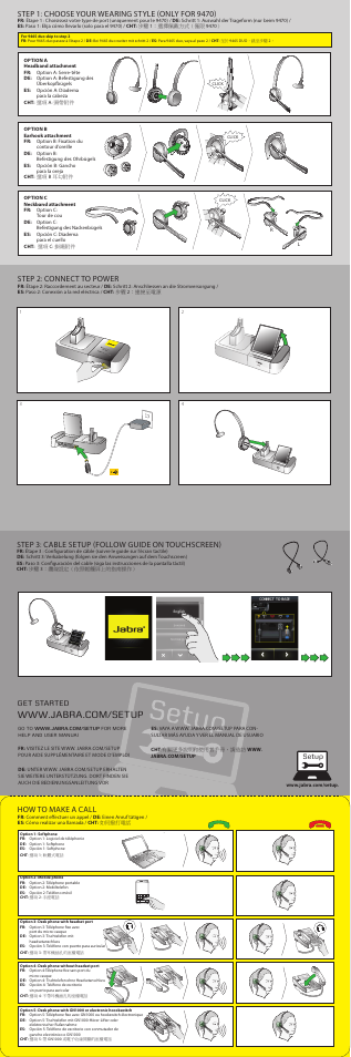 Get started, Step 2: connect to power, How to make a call | Step 3: cable setup (follow guide on touchscreen), Setup | Jabra PRO 9470 Quick Start Guide User Manual | Page 4 / 8