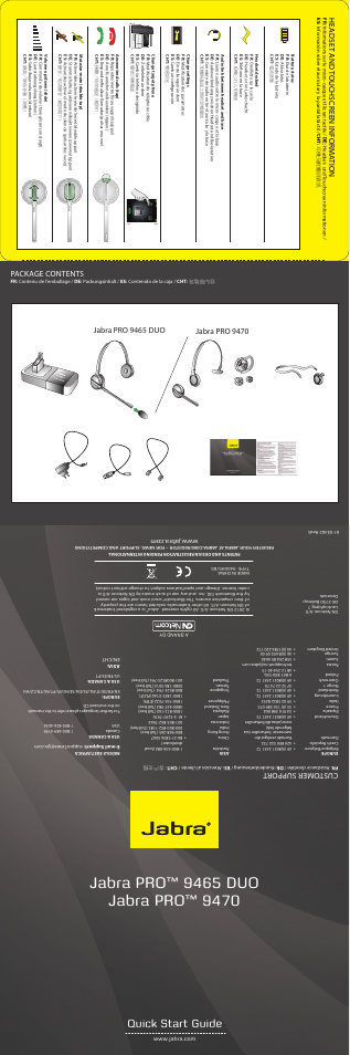 Quick start guide, Package contents, Headse t and touchscreen inform ation | Customer support | Jabra PRO 9470 Quick Start Guide User Manual | Page 7 / 8
