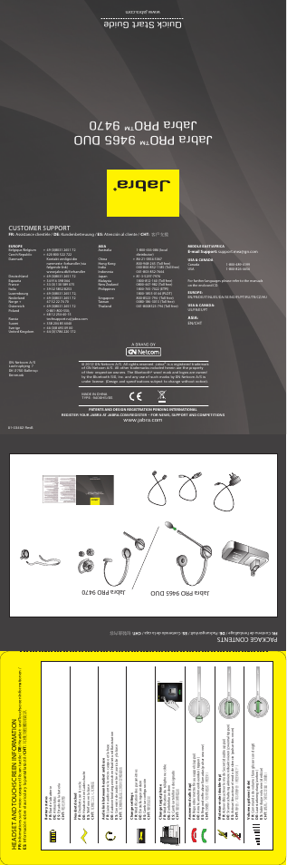 Quick start guide, Pack age content s, Headse t and t ouchscreen inform ation | Customer support | Jabra PRO 9470 Quick Start Guide User Manual | Page 8 / 8