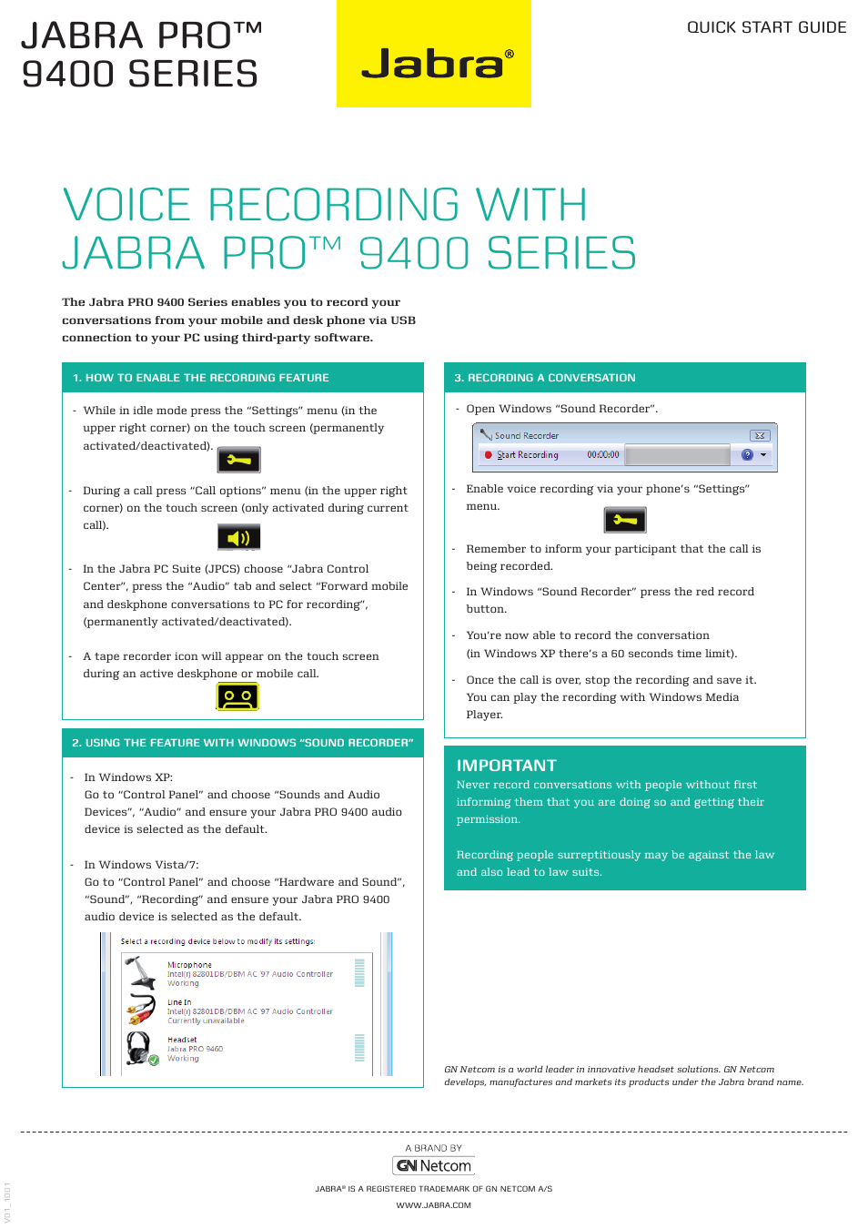 Jabra PRO 9400 Series Quick Start Guide - Voice Recording User Manual | 1 page