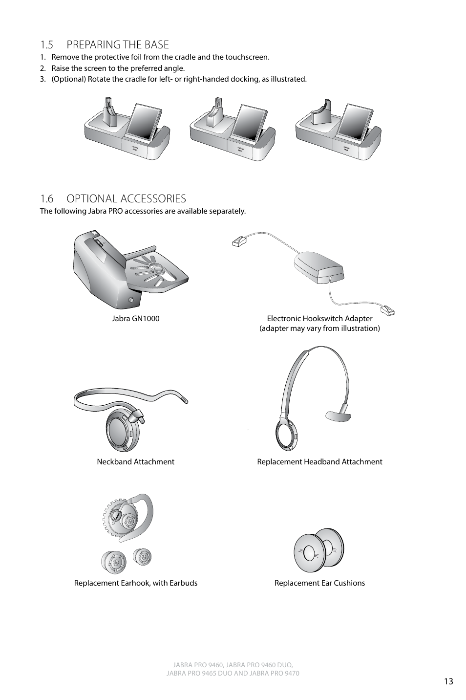 5 preparing the base, 6 optional accessories, English | Jabra PRO 9470 User Manual User Manual | Page 13 / 41