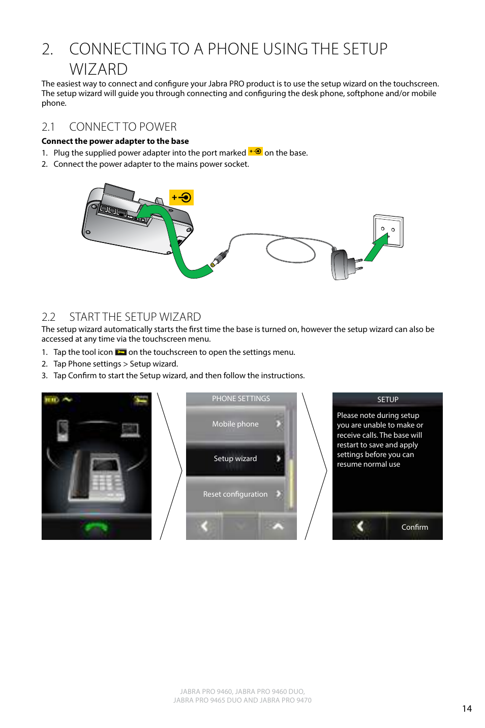 Connecting to a phone using the setup wizard, 1 connect to power, 2 start the setup wizard | English | Jabra PRO 9470 User Manual User Manual | Page 14 / 41