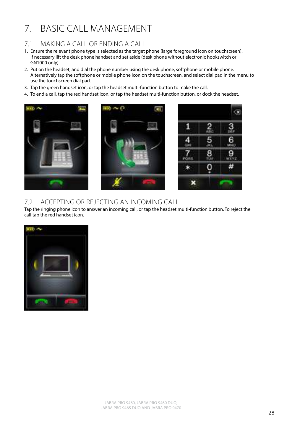 Basic call management, 1 making a call or ending a call, 2 accepting or rejecting an incoming call | English | Jabra PRO 9470 User Manual User Manual | Page 27 / 41