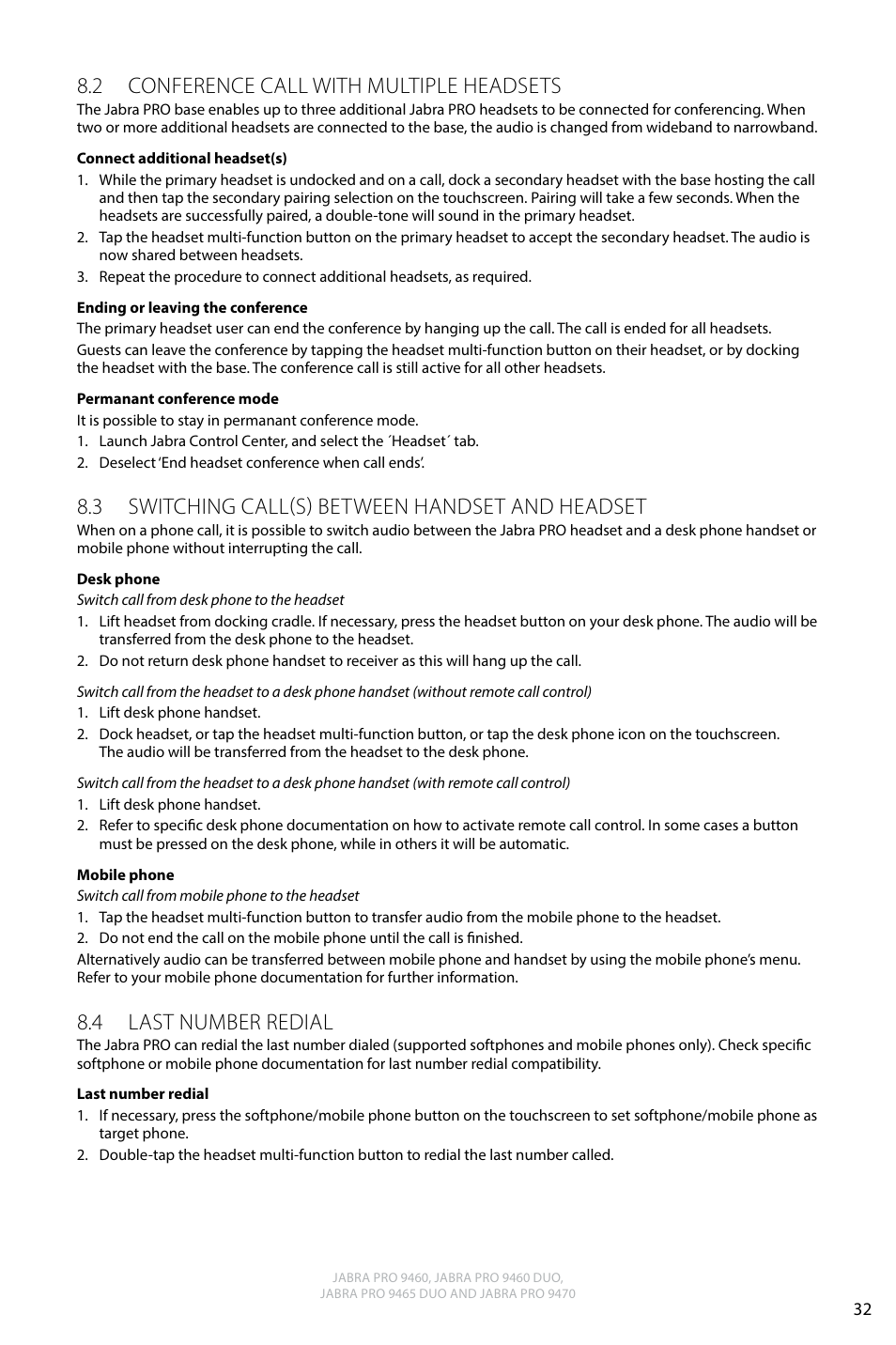 2 conference call with multiple headsets, 3 switching call(s) between handset and headset, 4 last number redial | English | Jabra PRO 9470 User Manual User Manual | Page 31 / 41