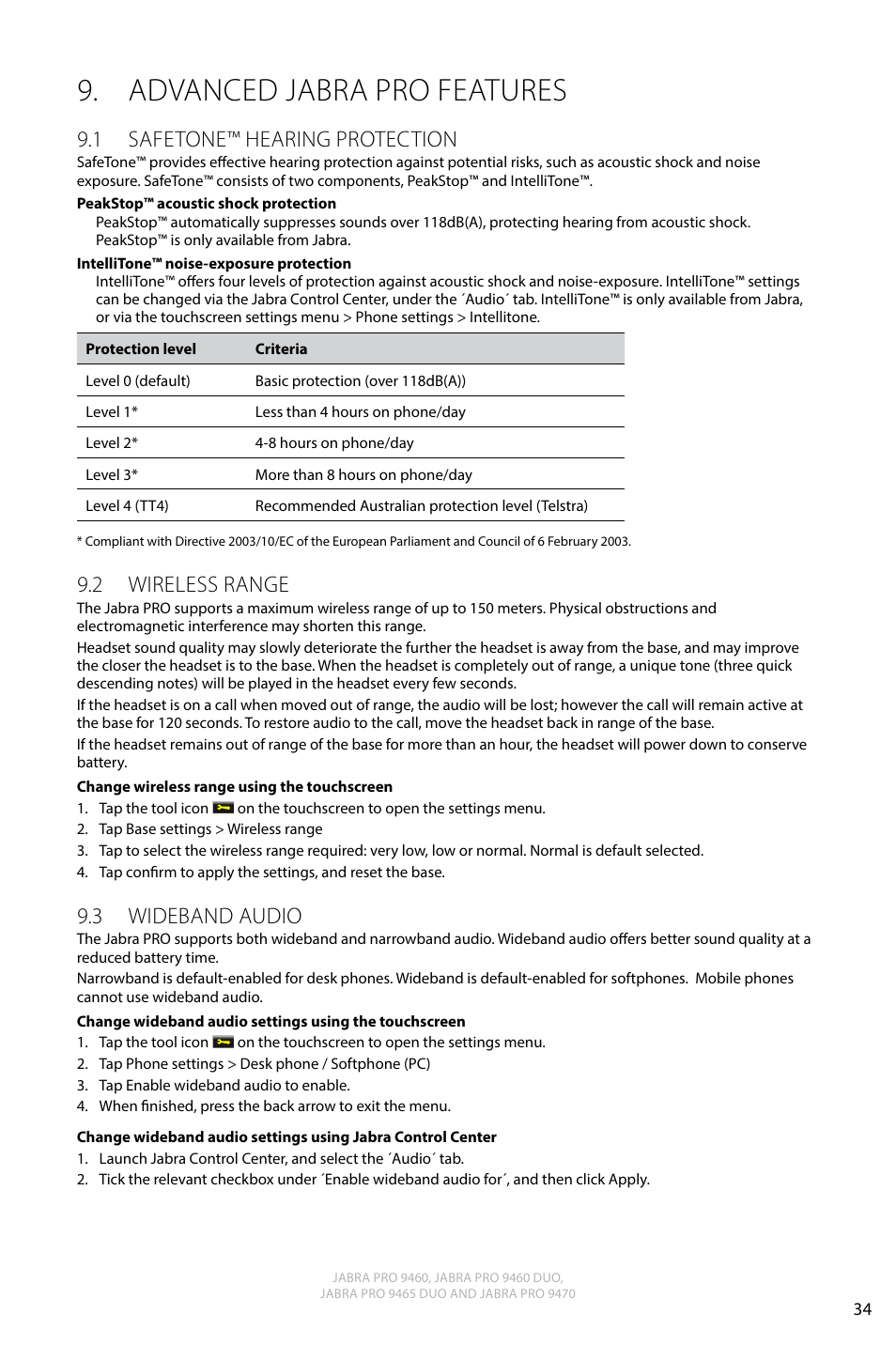 Advanced jabra pro features, 1 safetone™ hearing protection, 2 wireless range | 3 wideband audio, English | Jabra PRO 9470 User Manual User Manual | Page 33 / 41