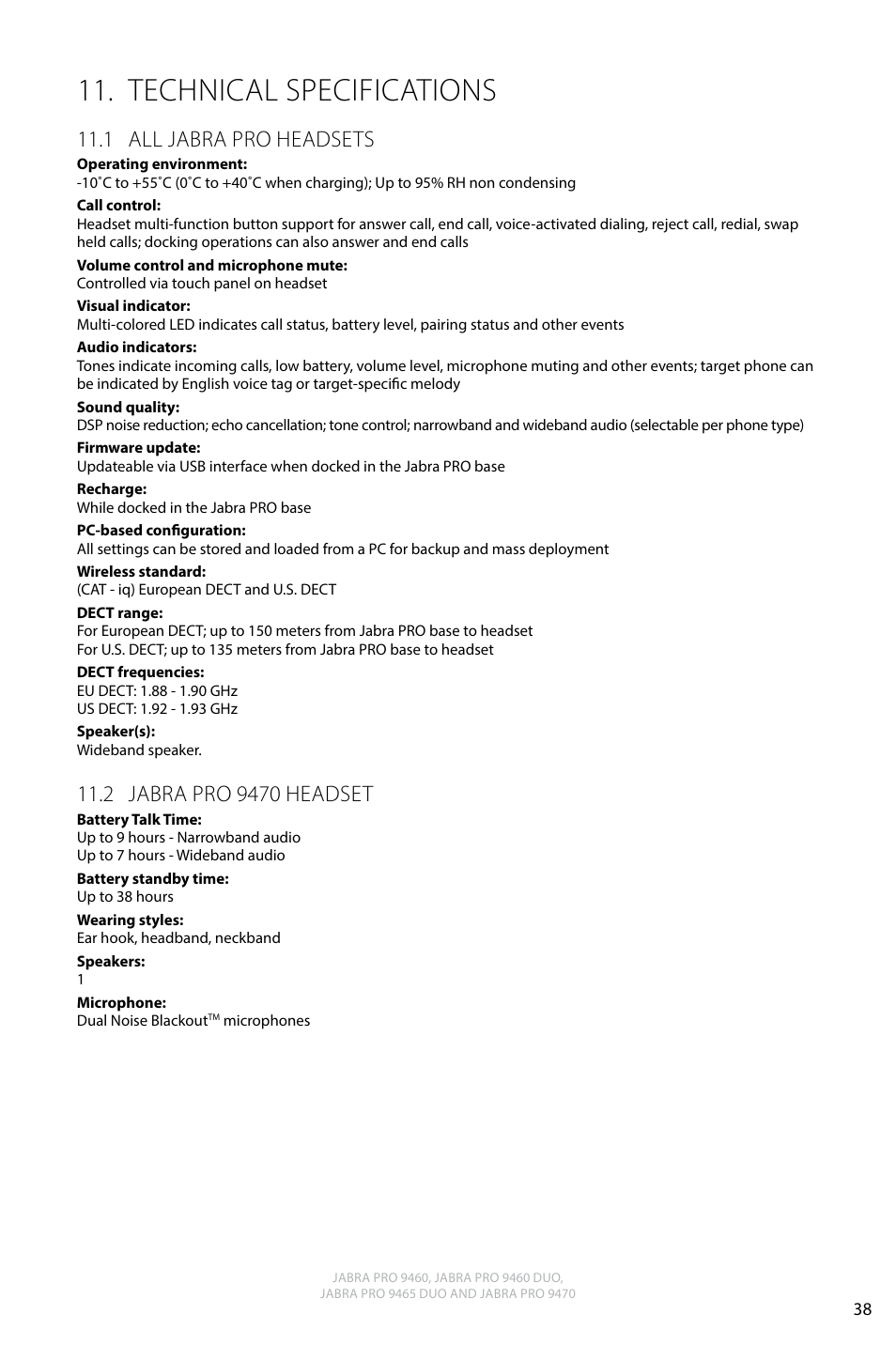 Technical specifications, 1 all jabra pro headsets, 2 jabra pro 9470 headset | English | Jabra PRO 9470 User Manual User Manual | Page 37 / 41