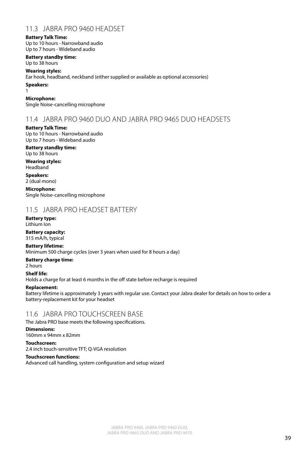 3 jabra pro 9460 headset, 5 jabra pro headset battery, 6 jabra pro touchscreen base | English | Jabra PRO 9470 User Manual User Manual | Page 38 / 41