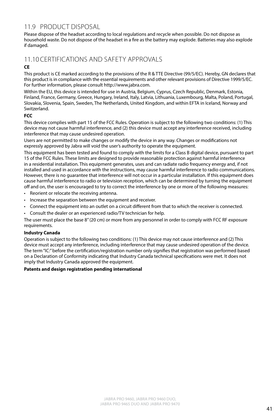 9 product disposal, 10 certifications and safety approvals, English | Jabra PRO 9470 User Manual User Manual | Page 40 / 41