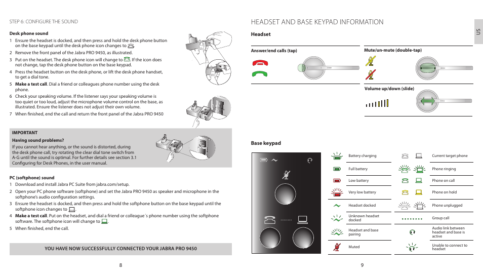 Headset and base keypad information | Jabra PRO 9450 Duo Quick Start Guide User Manual | Page 7 / 27