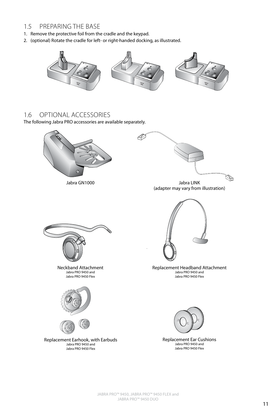 English, 5 preparing the base, 6 optional accessories | Jabra PRO 9450 Duo User Manual User Manual | Page 11 / 34
