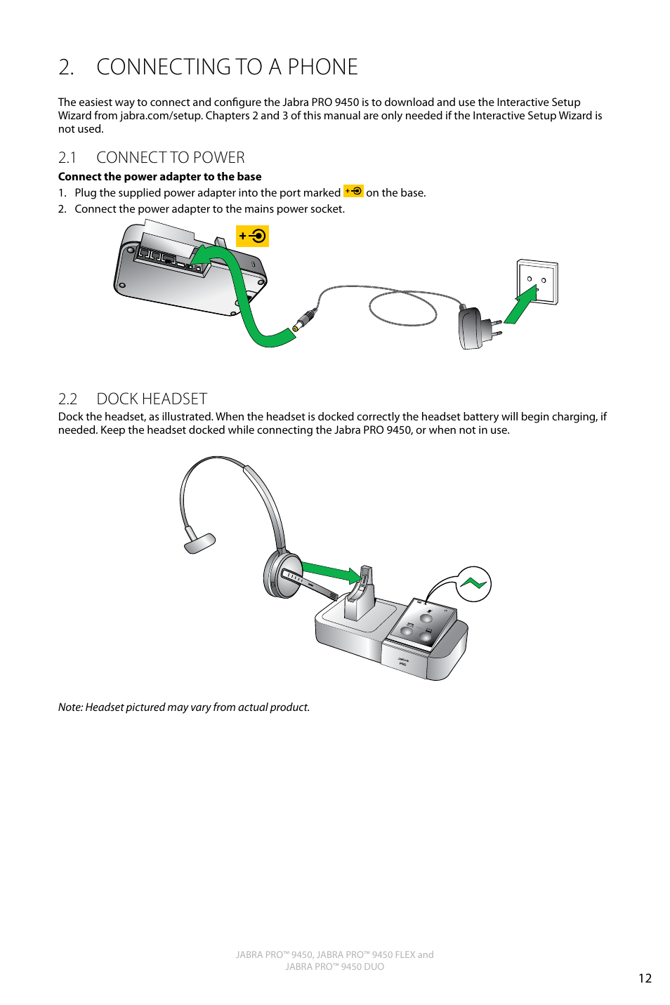Connecting to a phone, English, 1 connect to power | 2 dock headset | Jabra PRO 9450 Duo User Manual User Manual | Page 12 / 34
