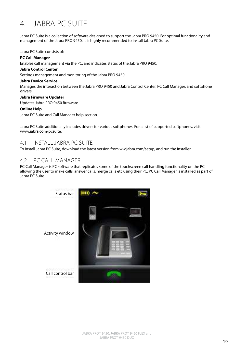 Jabra pc suite, English, 1 install jabra pc suite | 2 pc call manager | Jabra PRO 9450 Duo User Manual User Manual | Page 18 / 34