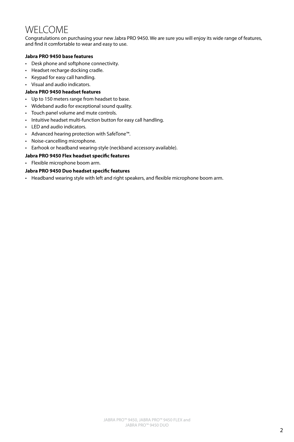 Welcome, English | Jabra PRO 9450 Duo User Manual User Manual | Page 2 / 34