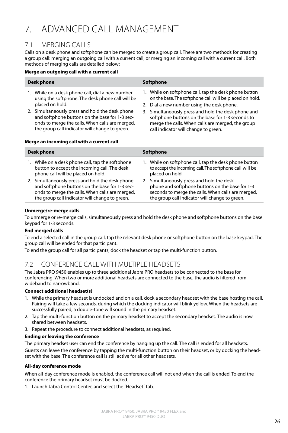 Advanced call management, English, 1 merging calls | 2 conference call with multiple headsets | Jabra PRO 9450 Duo User Manual User Manual | Page 25 / 34