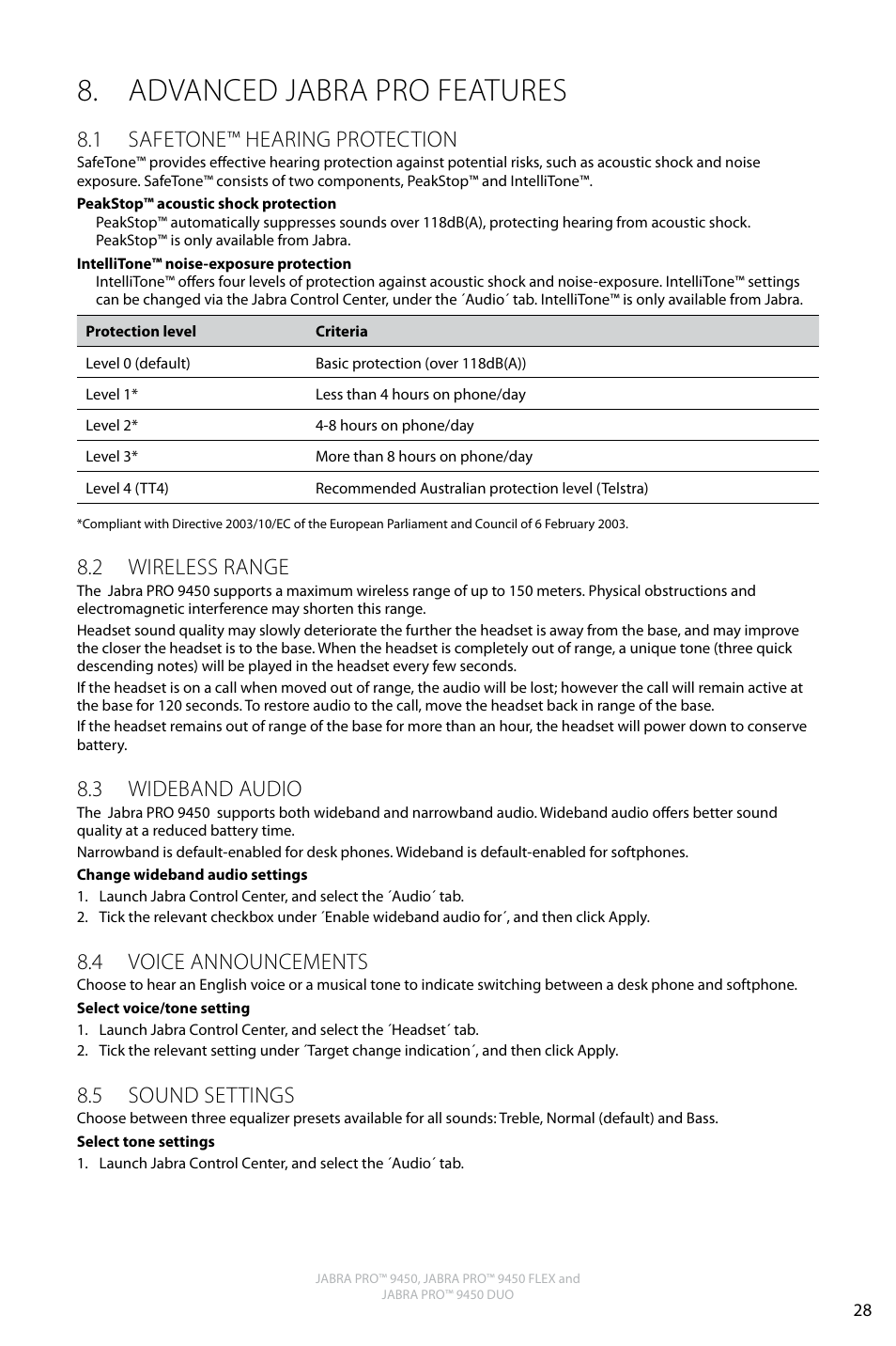 Advanced jabra pro features, English, 1 safetone™ hearing protection | 2 wireless range, 3 wideband audio, 4 voice announcements, 5 sound settings | Jabra PRO 9450 Duo User Manual User Manual | Page 27 / 34