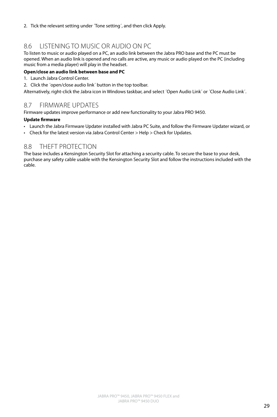 English, 6 listening to music or audio on pc, 7 firmware updates | 8 theft protection | Jabra PRO 9450 Duo User Manual User Manual | Page 28 / 34