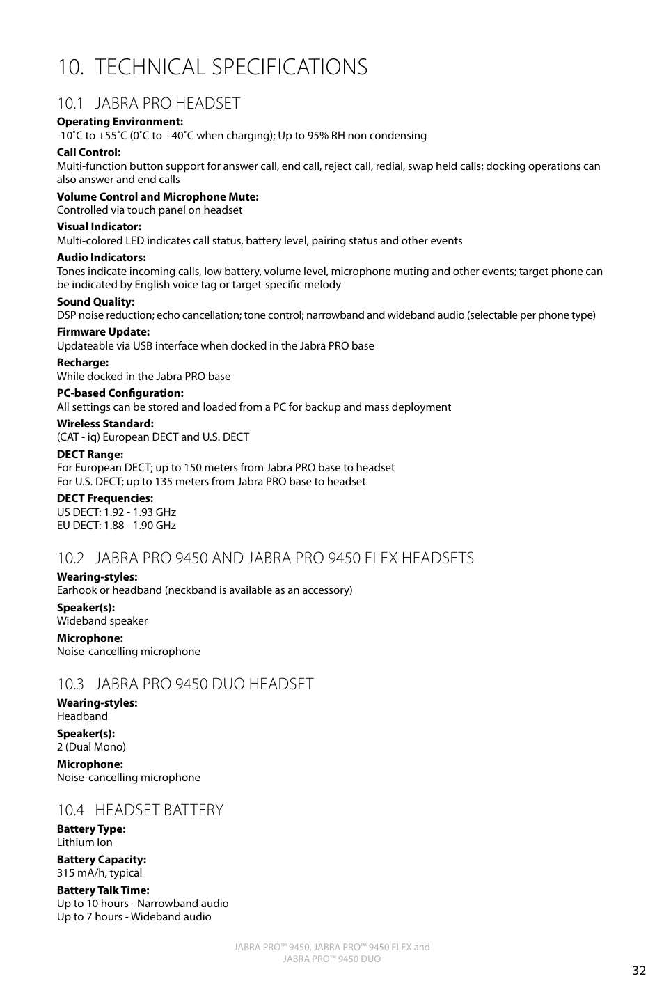 Technical specifications, English, 1 jabra pro headset | 4 headset battery | Jabra PRO 9450 Duo User Manual User Manual | Page 31 / 34