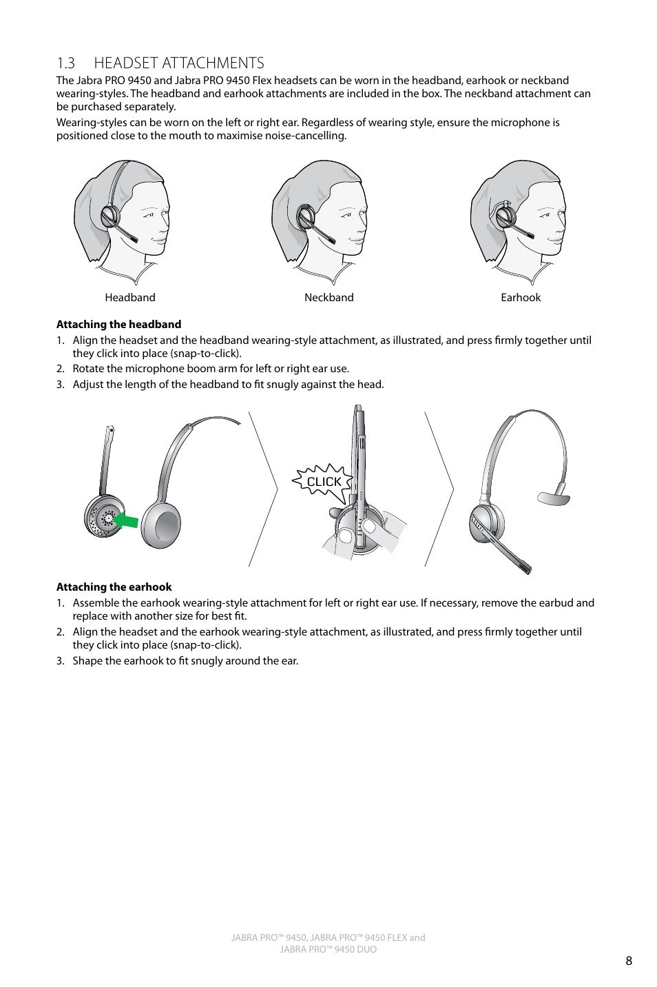 English, 3 headset attachments | Jabra PRO 9450 Duo User Manual User Manual | Page 8 / 34