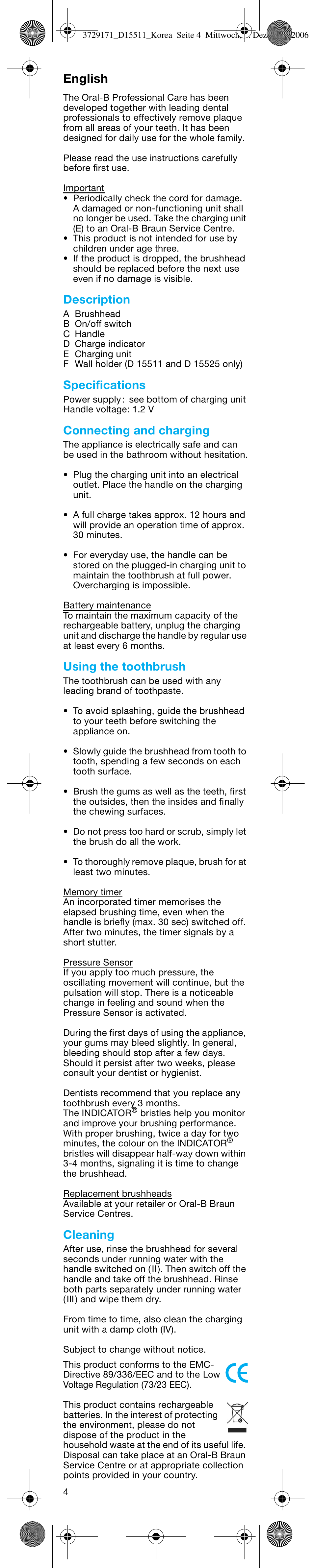 English, Description, Specifications | Connecting and charging, Using the toothbrush, Cleaning | Braun D15513 User Manual | Page 4 / 5