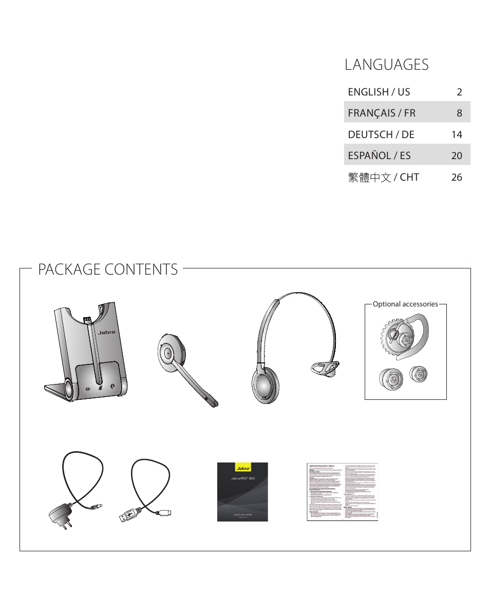 Languages, Package contents | Jabra PRO 930 Quick Start Guide User Manual | Page 4 / 35