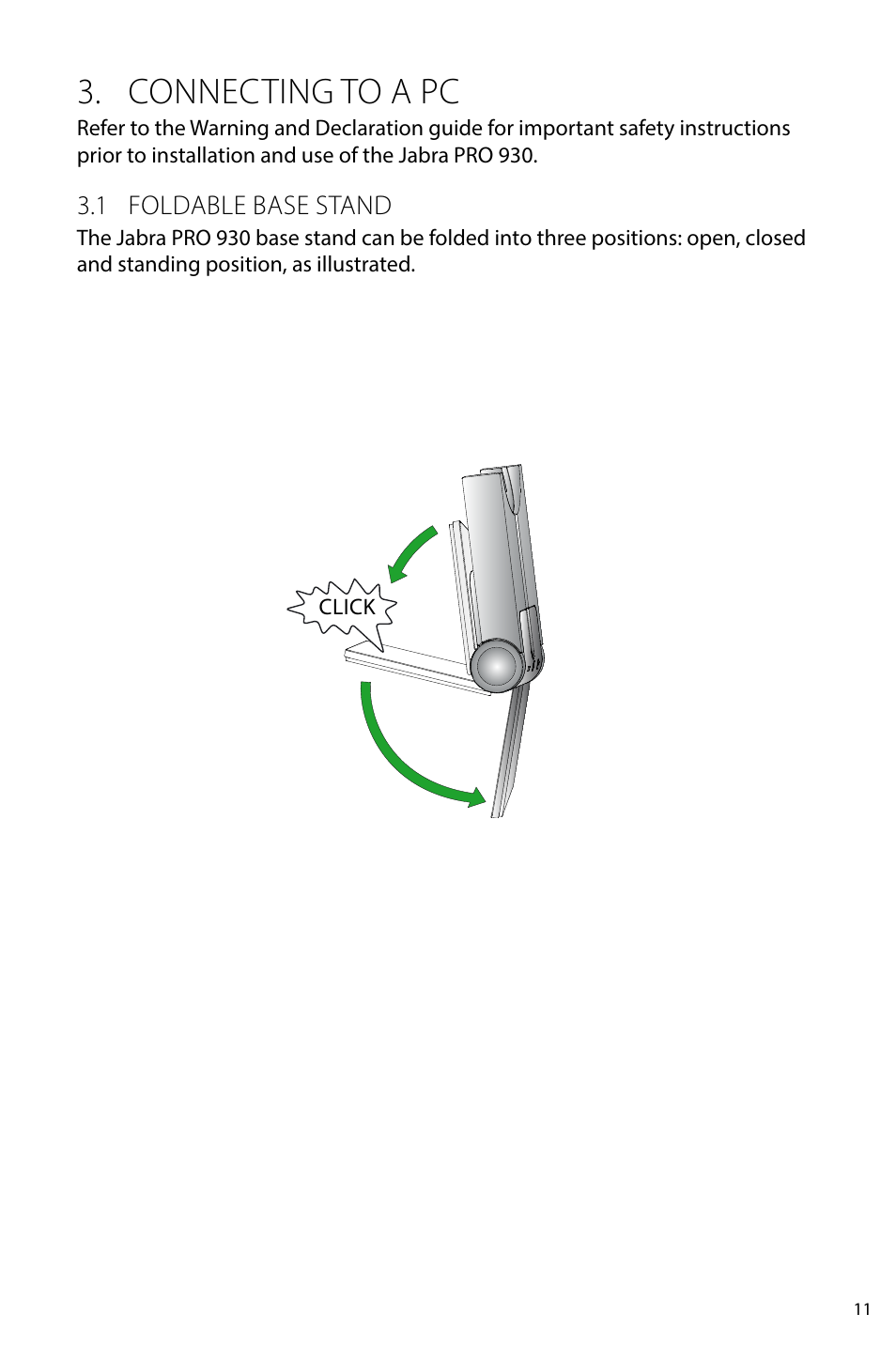3 connect power supply to base, 4 dock the headset, Connecting to a pc | Jabra PRO 930 User Manual User Manual | Page 11 / 33
