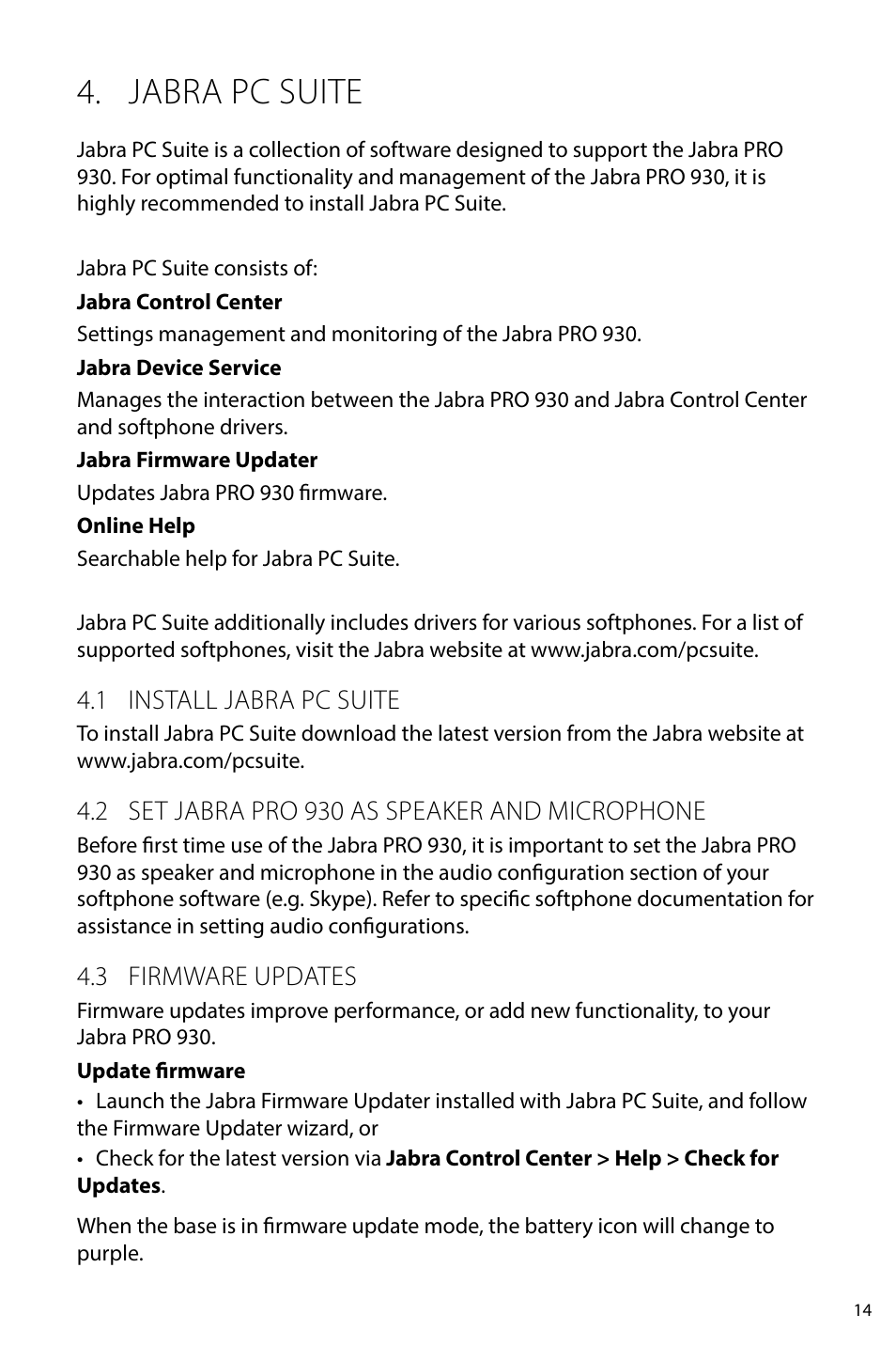 4 headset led indicator, 5 headset audio indicators, Jabra pc suite | Jabra PRO 930 User Manual User Manual | Page 14 / 33