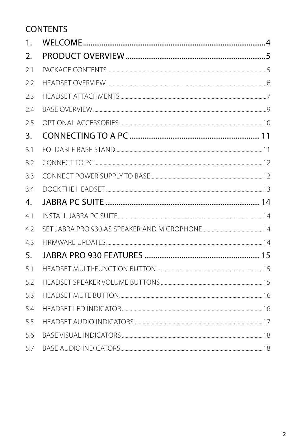 Contents 1. welcome 2. product overview, Connecting to a pc, Jabra pc suite | Jabra pro 930 features | Jabra PRO 930 User Manual User Manual | Page 2 / 33