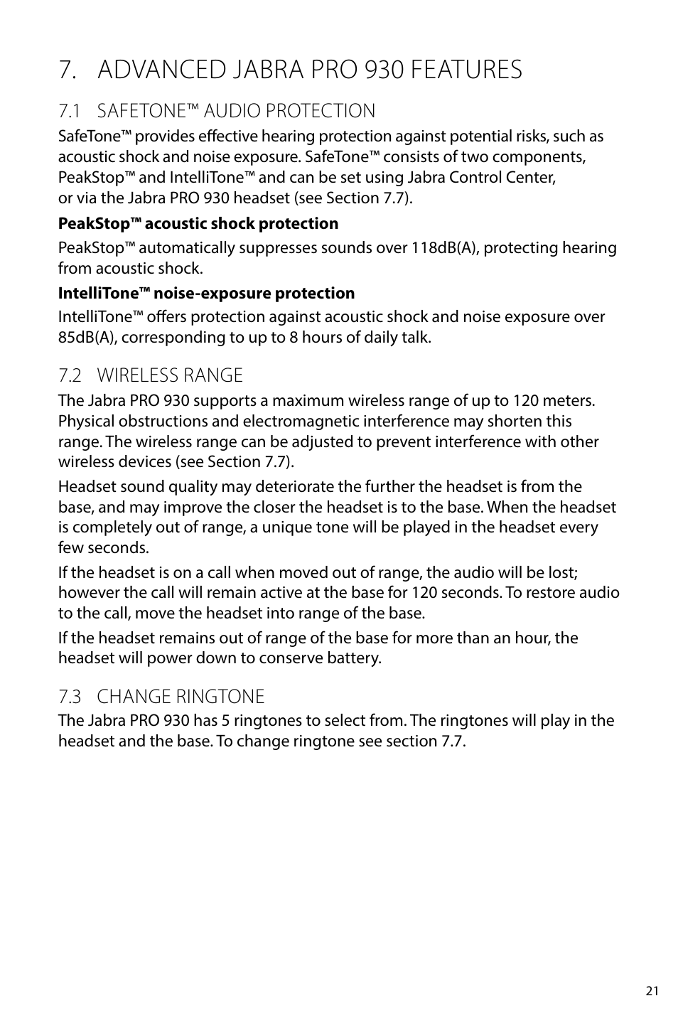 Technical specifications, 1 jabra pro 930 headset, 2 headset battery | Advanced jabra pro 930 features | Jabra PRO 930 User Manual User Manual | Page 21 / 33