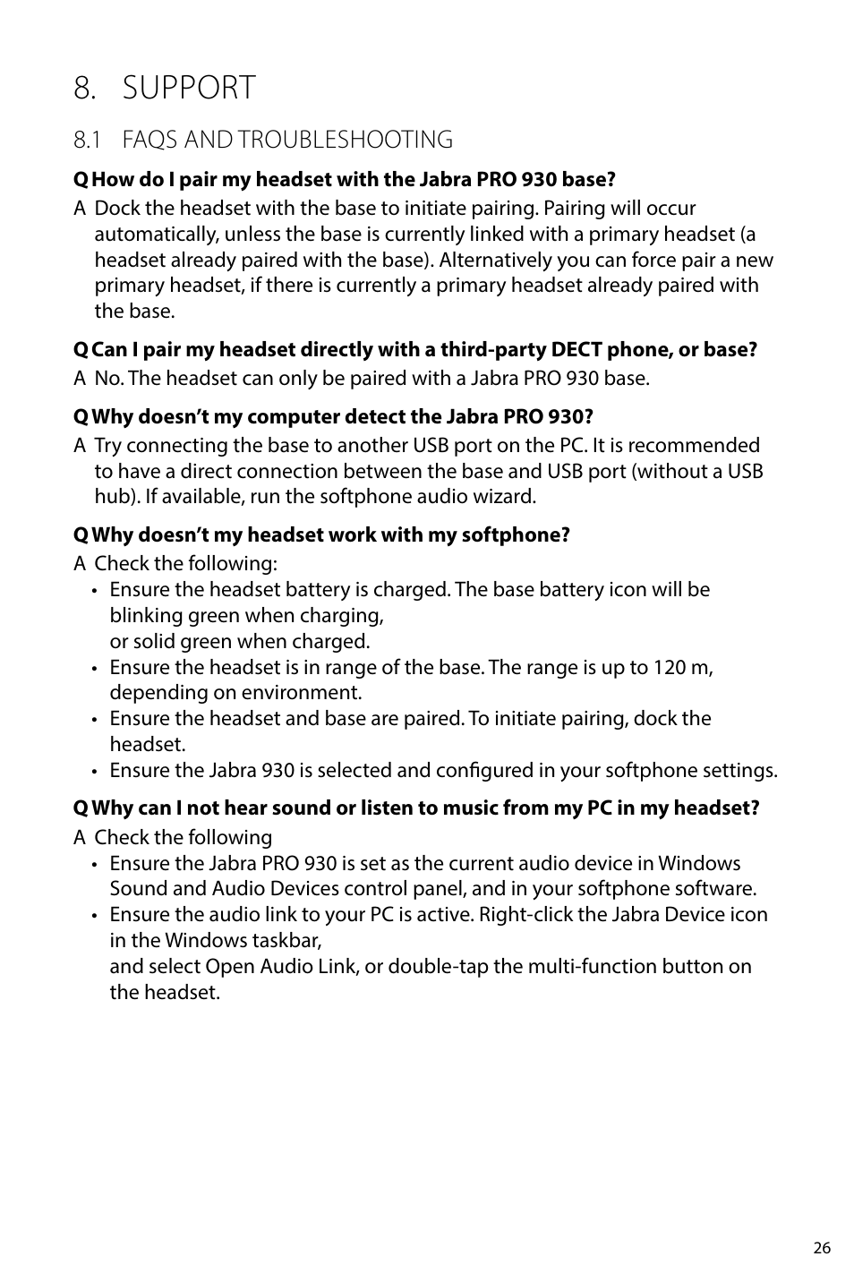 Support, 1 faqs and troubleshooting | Jabra PRO 930 User Manual User Manual | Page 26 / 33