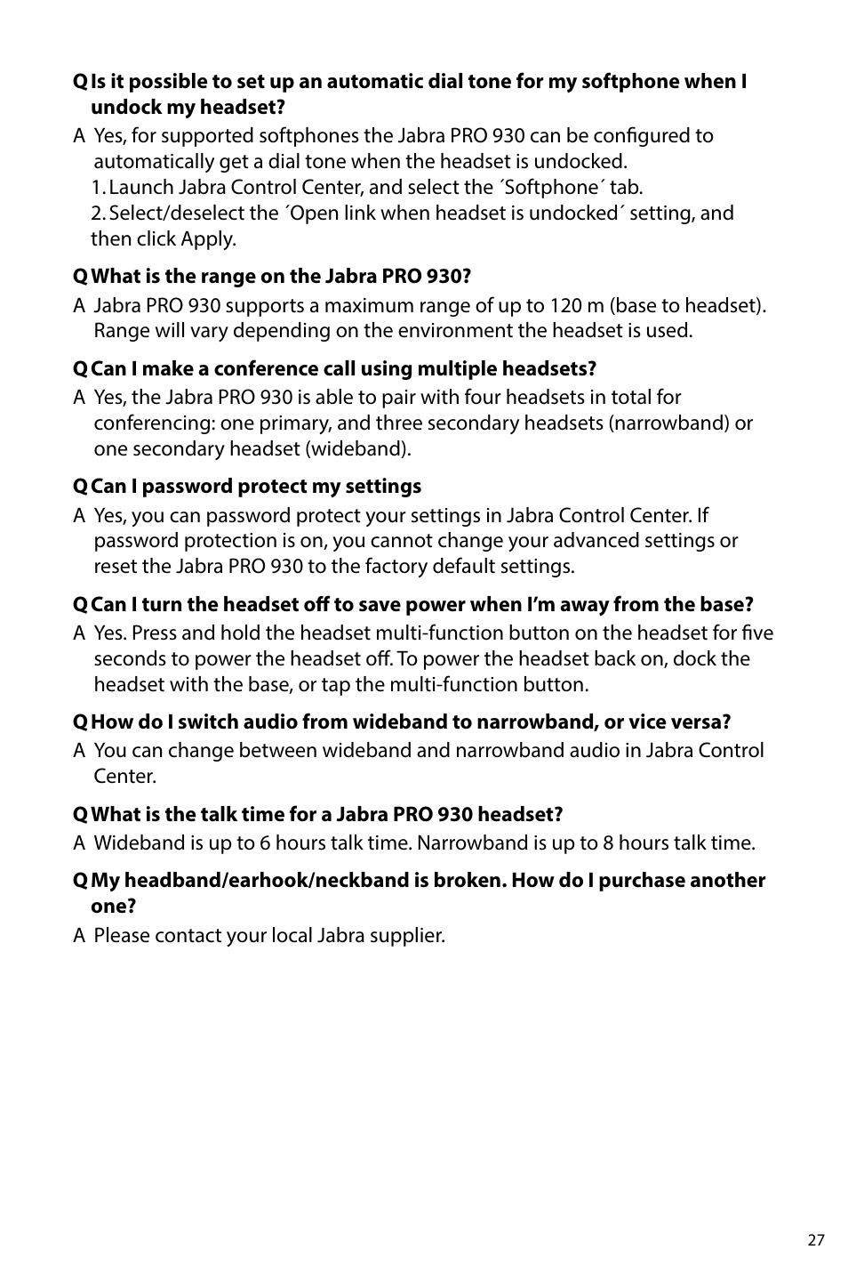 Jabra PRO 930 User Manual User Manual | Page 27 / 33