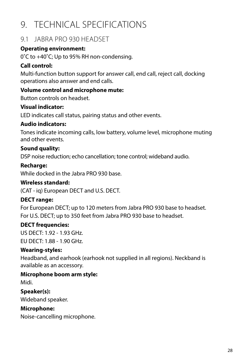 Technical specifications | Jabra PRO 930 User Manual User Manual | Page 28 / 33