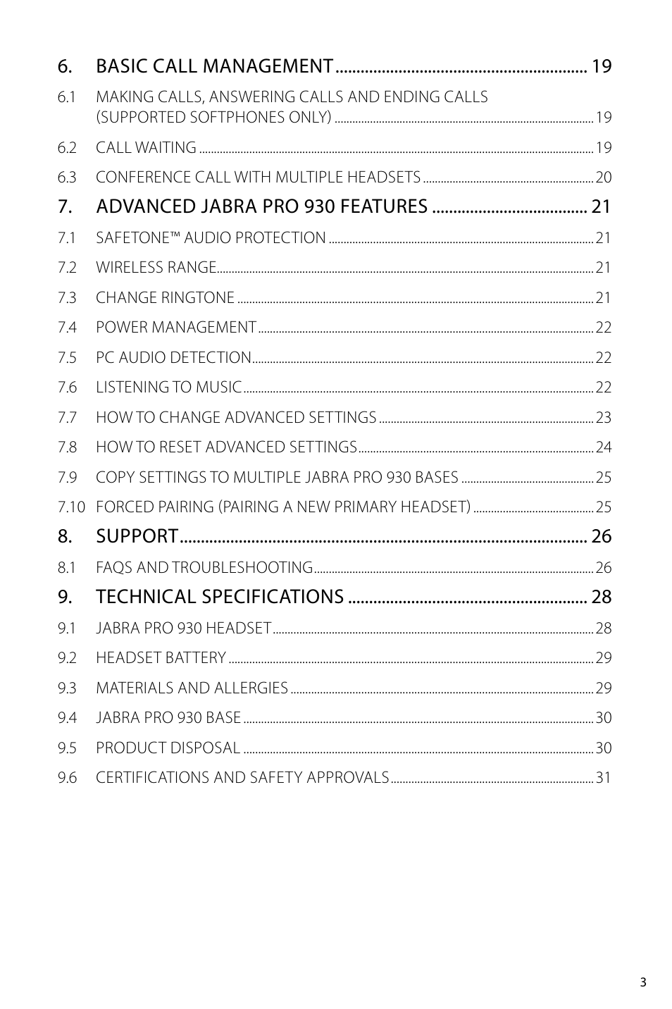 Basic call management, Advanced jabra pro 930 features, Support | Technical specifications | Jabra PRO 930 User Manual User Manual | Page 3 / 33