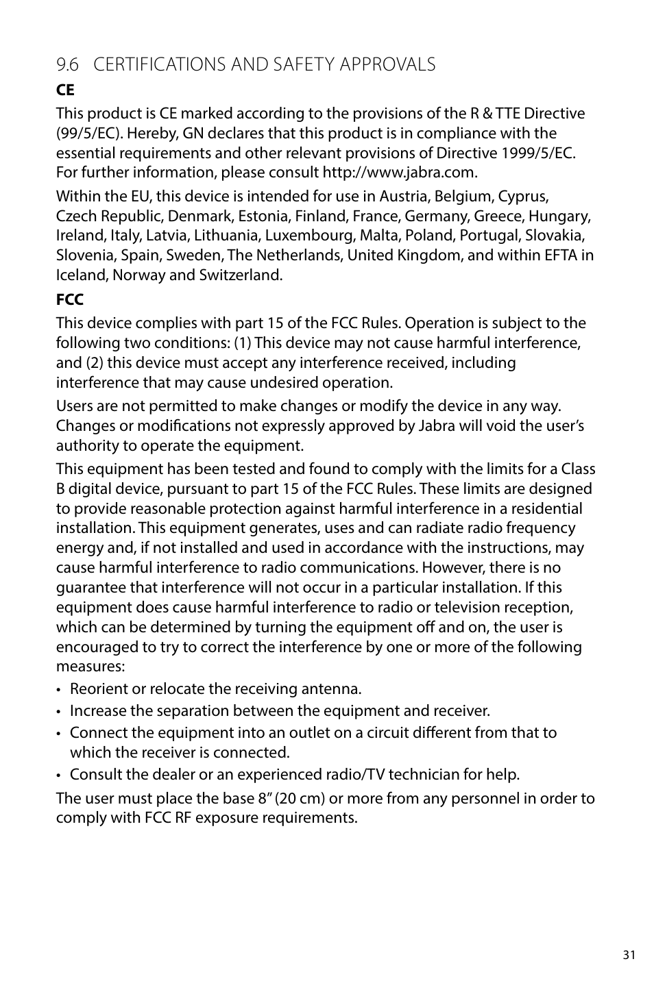 6 certifications and safety approvals | Jabra PRO 930 User Manual User Manual | Page 31 / 33