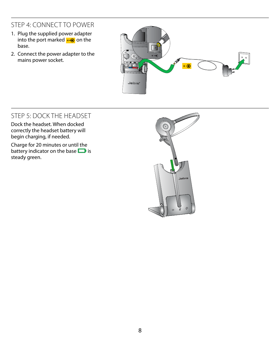 Step 4: connect to power, Step 5: dock the headset | Jabra PRO 920 Quick Start Guide User Manual | Page 12 / 55