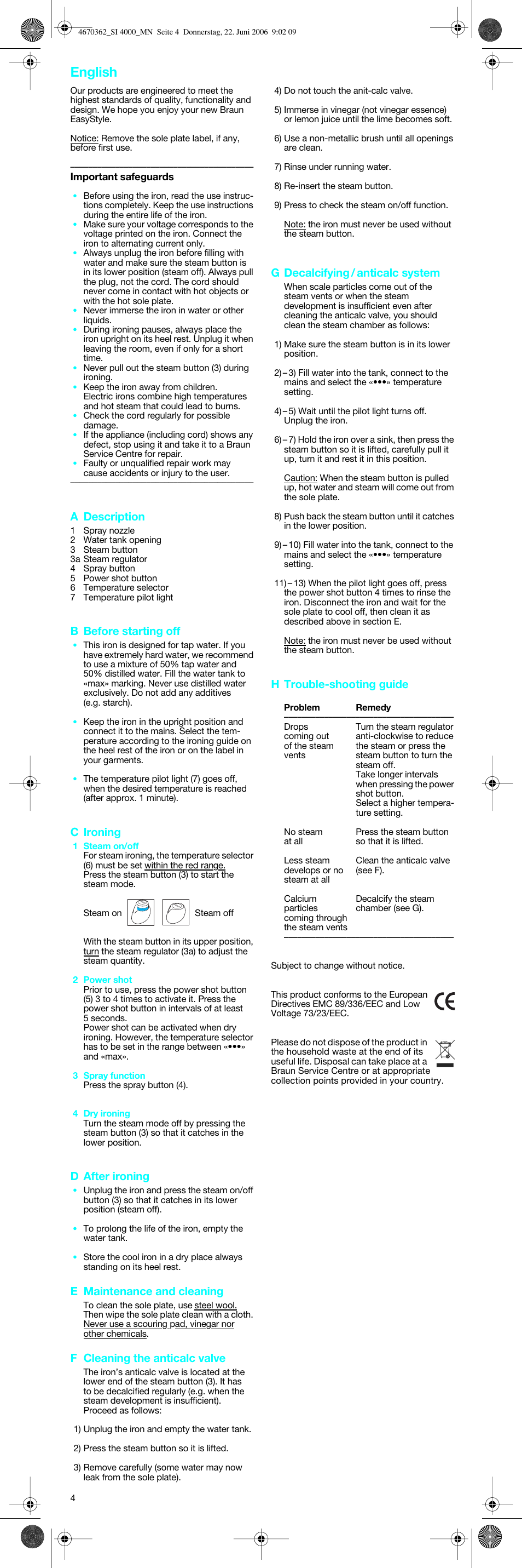 English, A description, B before starting off | C ironing, D after ironing, E maintenance and cleaning, F cleaning the anticalc valve, G decalcifying / anticalc system, H trouble-shooting guide | Braun SI 4000 User Manual | Page 4 / 22