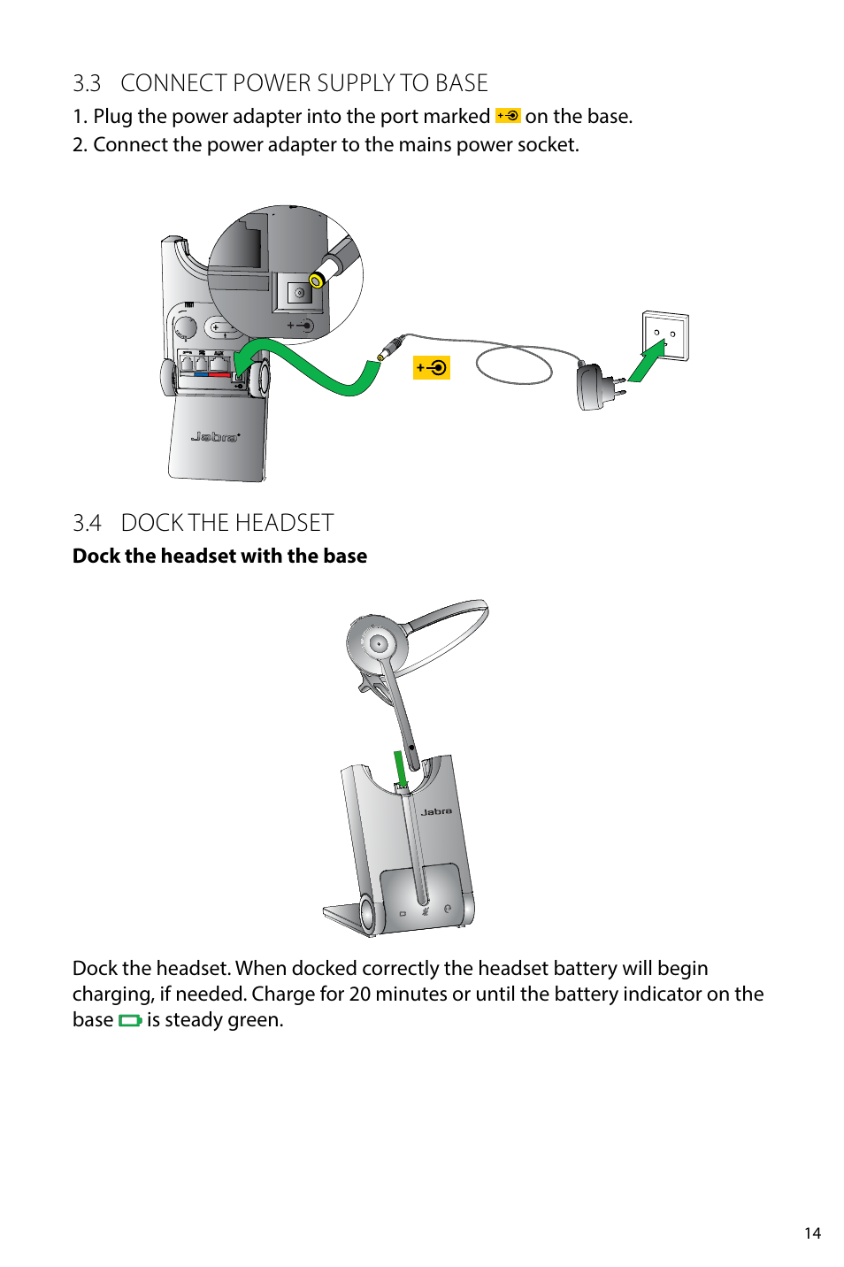 3 connect power supply to base, 4 dock the headset | Jabra PRO 920 User Manual User Manual | Page 13 / 33