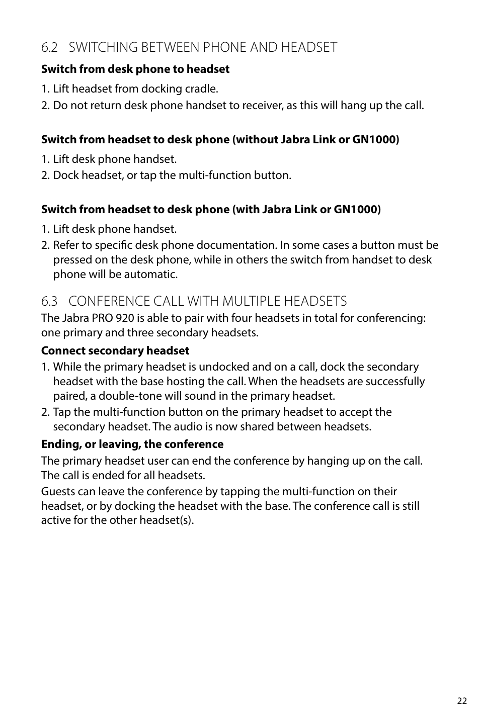 6 how to reset advanced settings, 7 copy settings to multiple jabra pro 920 bases, 8 forced pairing (pairing a new primary headset) | 2 switching between phone and headset, 3 conference call with multiple headsets | Jabra PRO 920 User Manual User Manual | Page 21 / 33