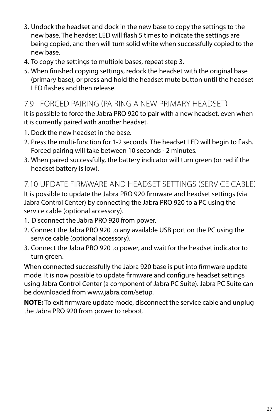 9 forced pairing (pairing a new primary headset) | Jabra PRO 920 User Manual User Manual | Page 26 / 33