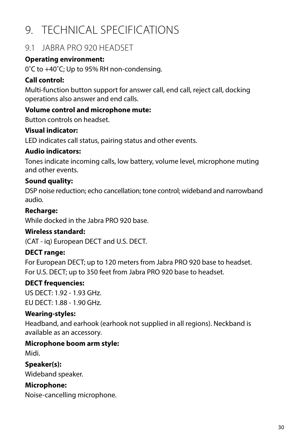 Technical specifications | Jabra PRO 920 User Manual User Manual | Page 29 / 33