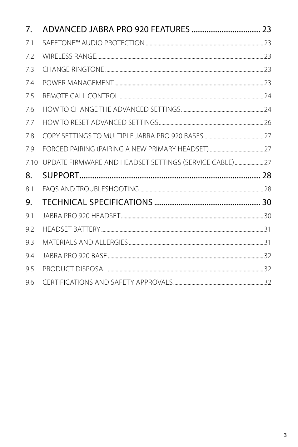 Advanced jabra pro 920 features, Support, Technical specifications | Jabra PRO 920 User Manual User Manual | Page 3 / 33