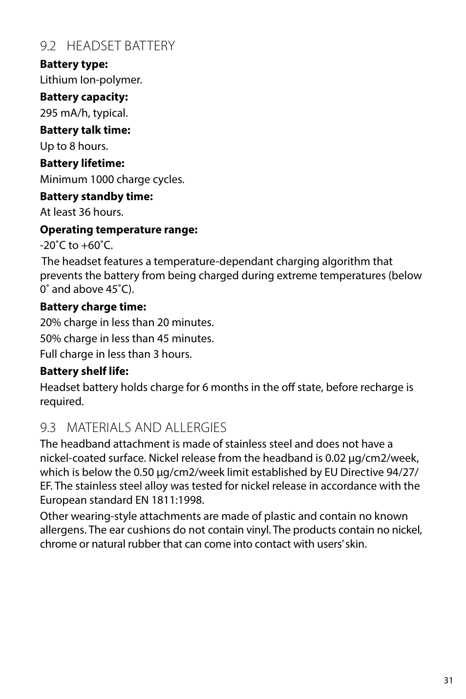 2 headset battery, 3 materials and allergies | Jabra PRO 920 User Manual User Manual | Page 30 / 33