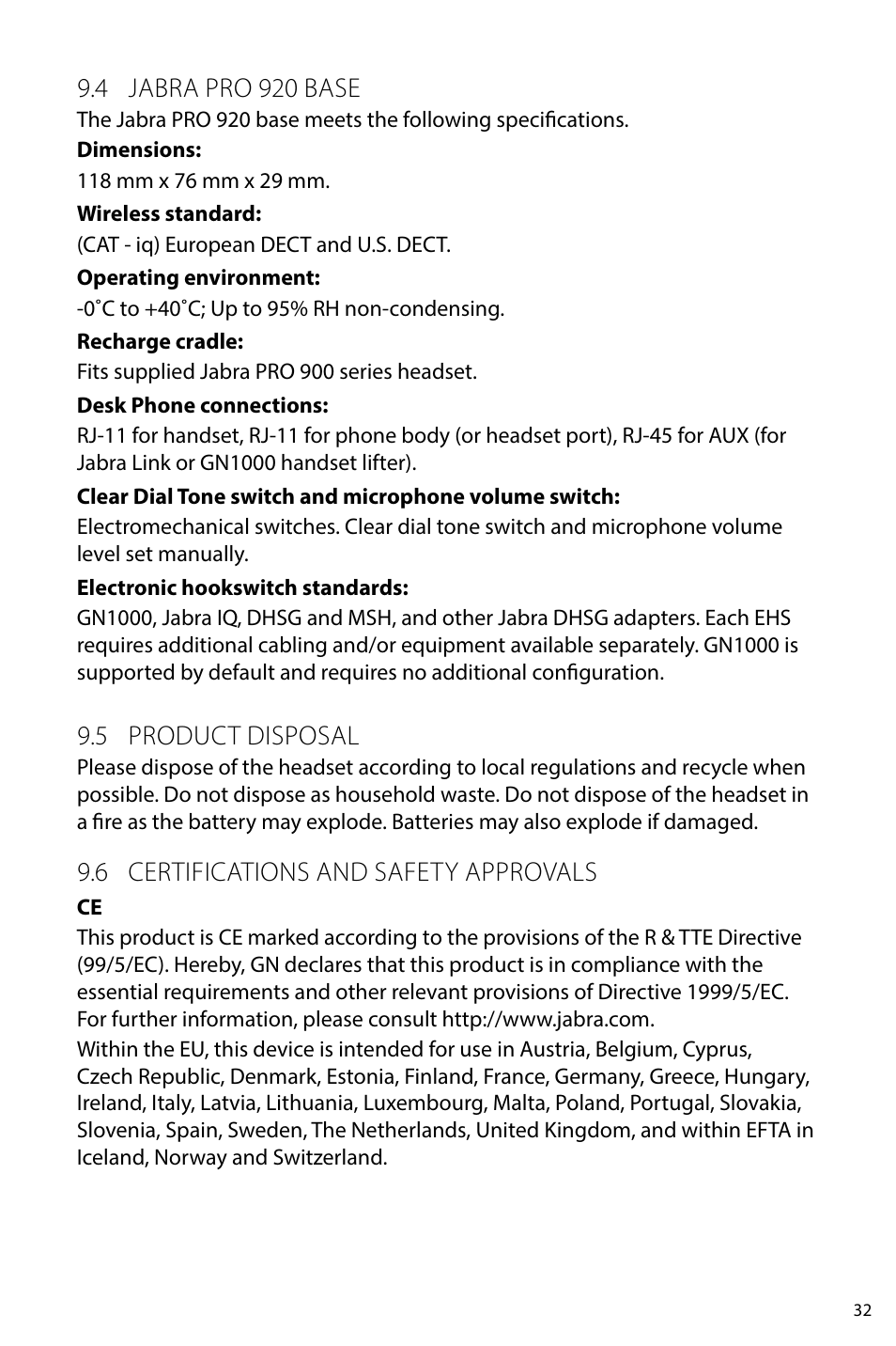 4 jabra pro 920 base, 5 product disposal, 6 certifications and safety approvals | Jabra PRO 920 User Manual User Manual | Page 31 / 33