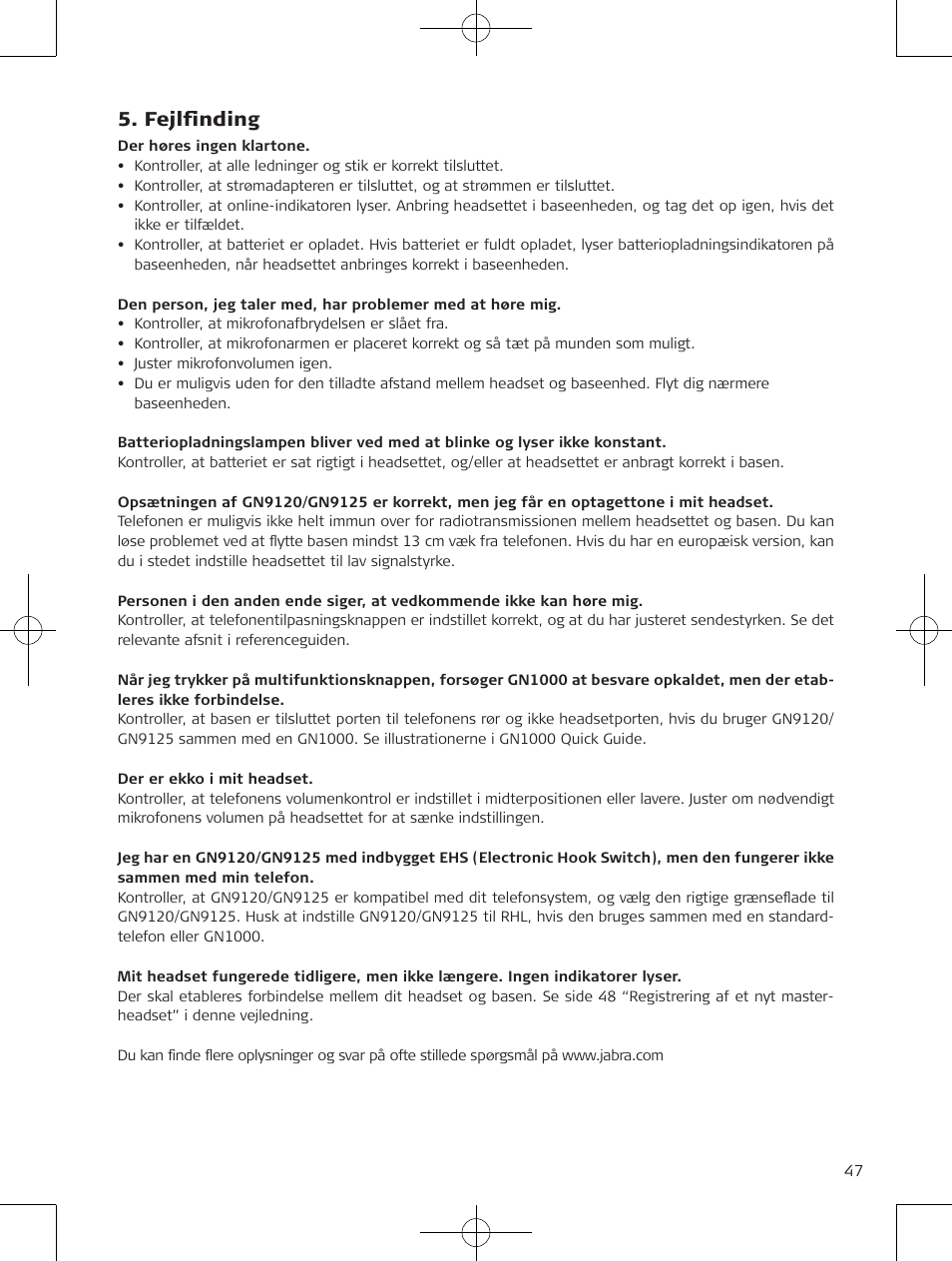 Fejlfinding | Jabra GN9120 User Manual | Page 49 / 75