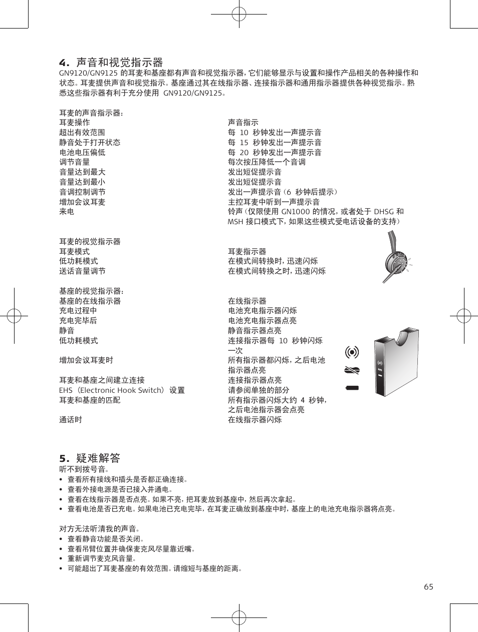 声音和视觉指示器, 疑难解答 | Jabra GN9120 User Manual | Page 67 / 75