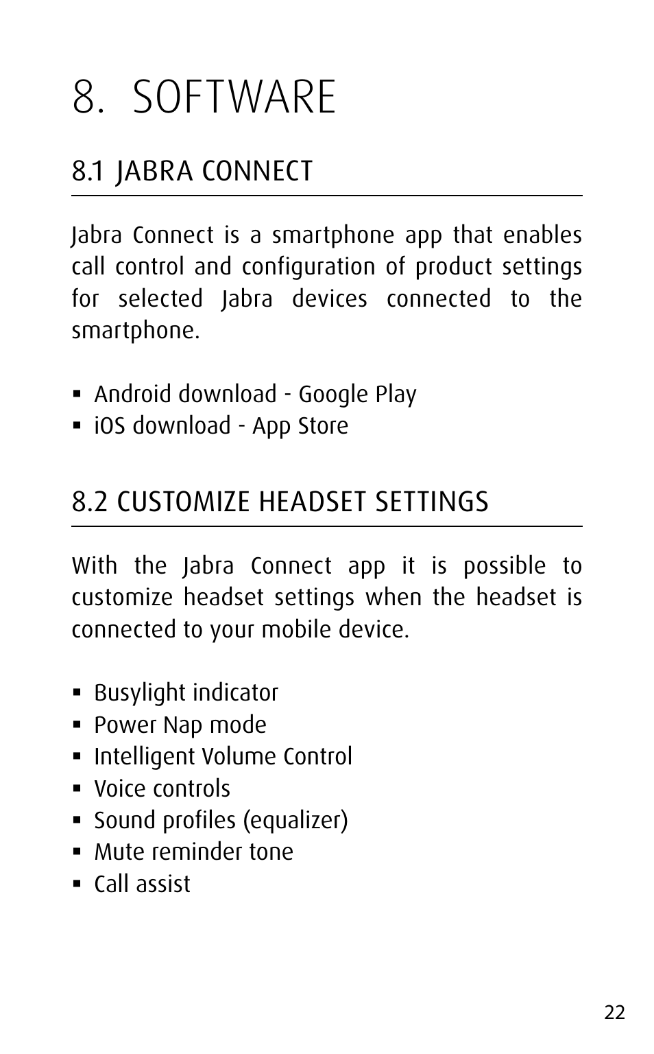 Software, 1 jabra connect, 2 customize headset settings | Jabra MOTION User Manual | Page 22 / 25